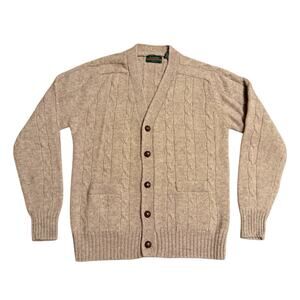 Vintage Hill & Archer Cardigan Sweater Wool Cable Knit Tan Grandpa Academia